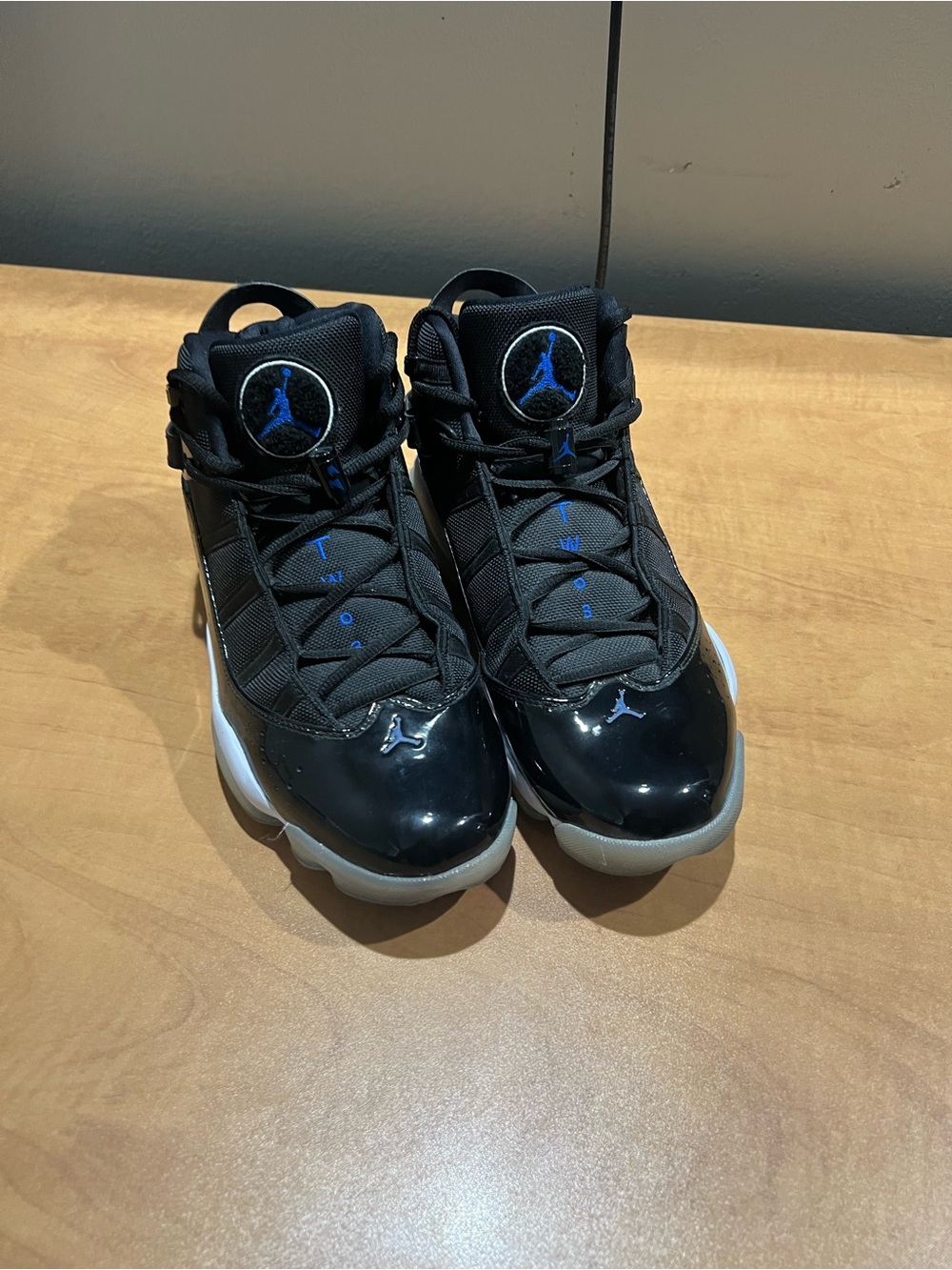 Jordan Black and Blue Patent Basketball Shoes